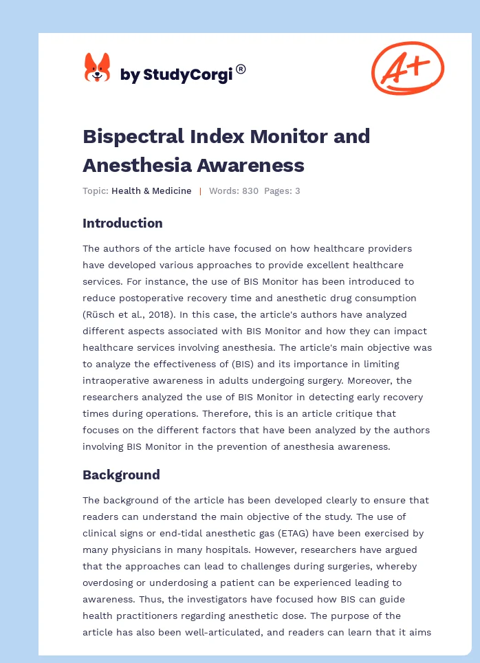 Bispectral Index Monitor and Anesthesia Awareness. Page 1