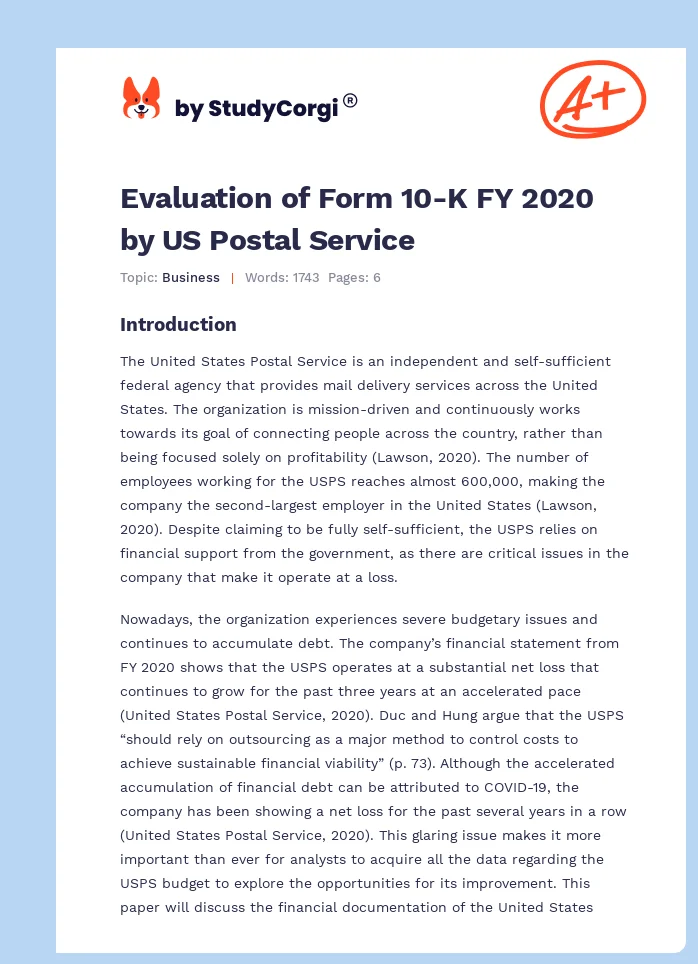 Evaluation of Form 10-K FY 2020 by US Postal Service. Page 1