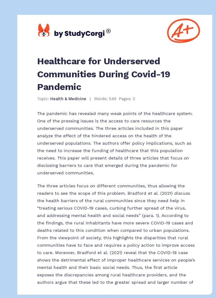 Healthcare for Underserved Communities During Covid-19 Pandemic. Page 1