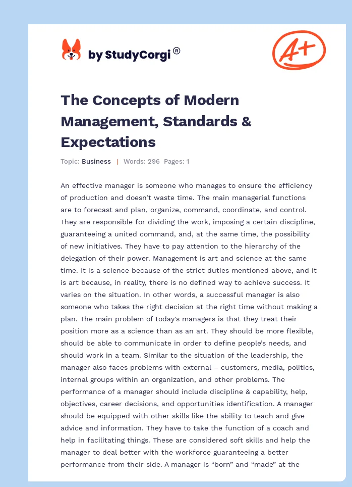 The Concepts of Modern Management, Standards & Expectations. Page 1