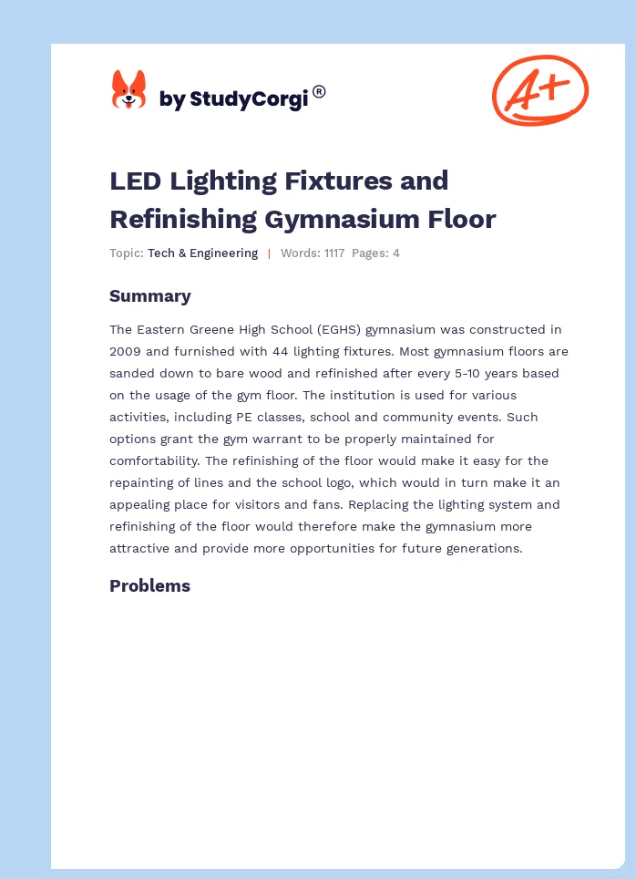 LED Lighting Fixtures and Refinishing Gymnasium Floor. Page 1
