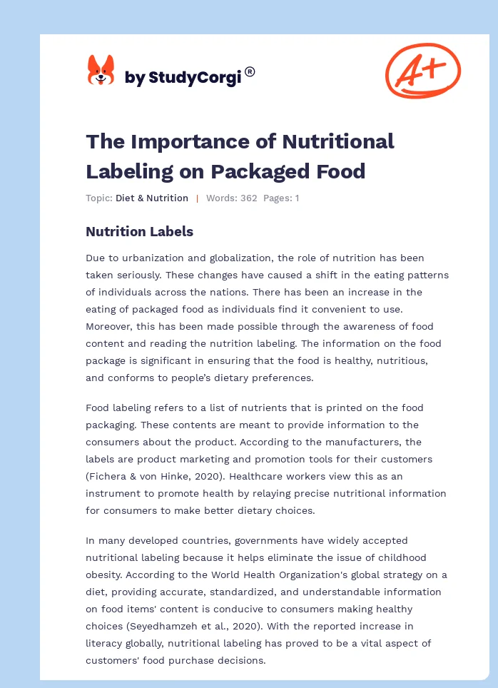 The Importance of Nutritional Labeling on Packaged Food. Page 1