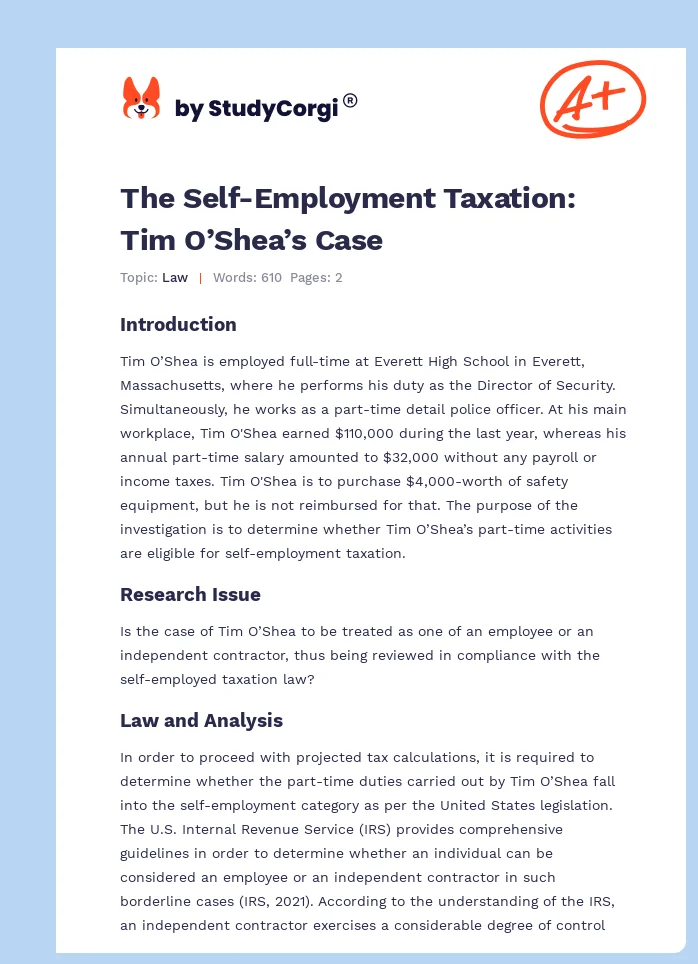 The Self-Employment Taxation: Tim O’Shea’s Case. Page 1