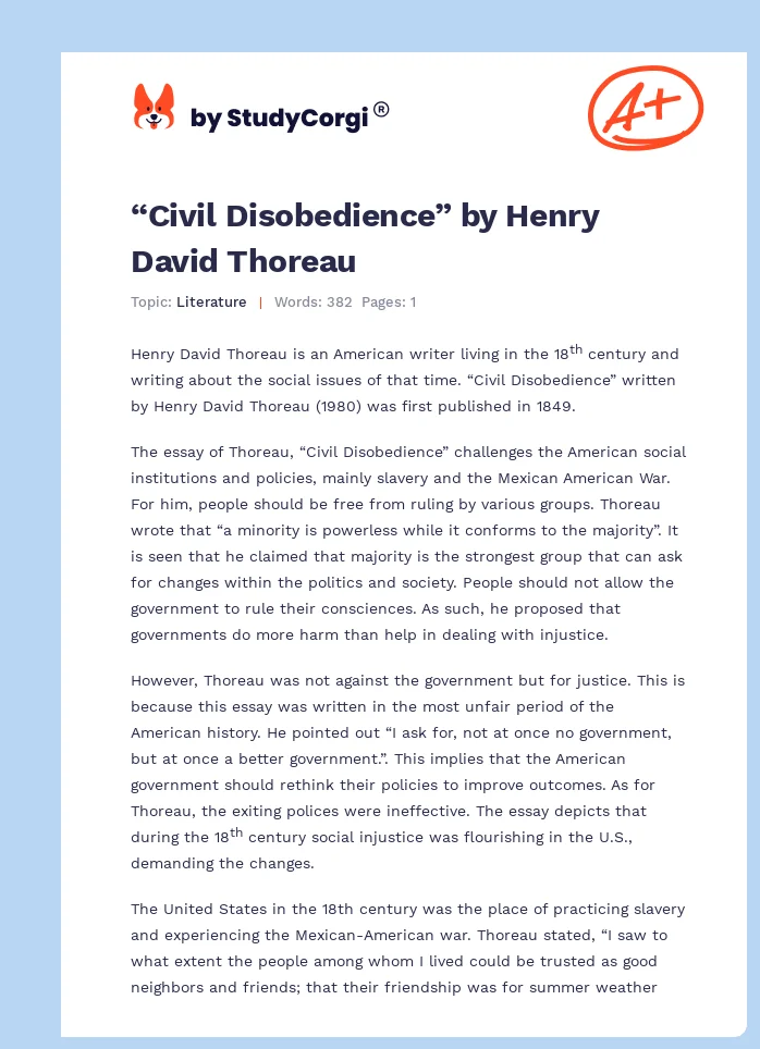 “Civil Disobedience” by Henry David Thoreau. Page 1