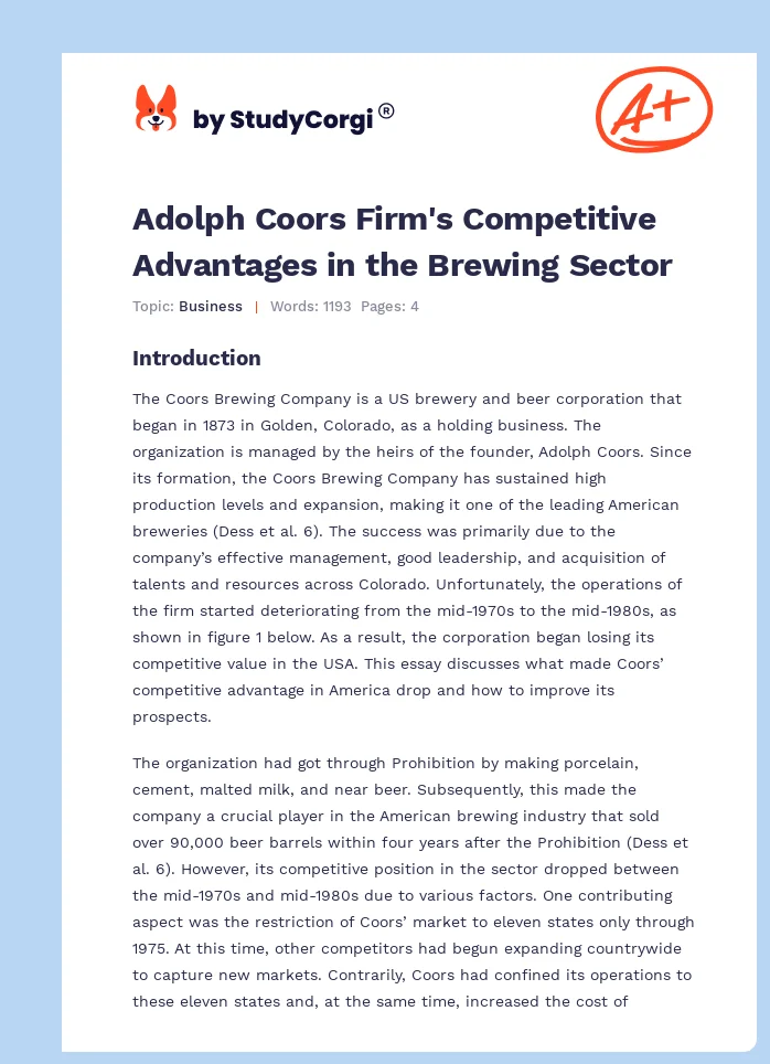 Adolph Coors Firm's Competitive Advantages in the Brewing Sector. Page 1