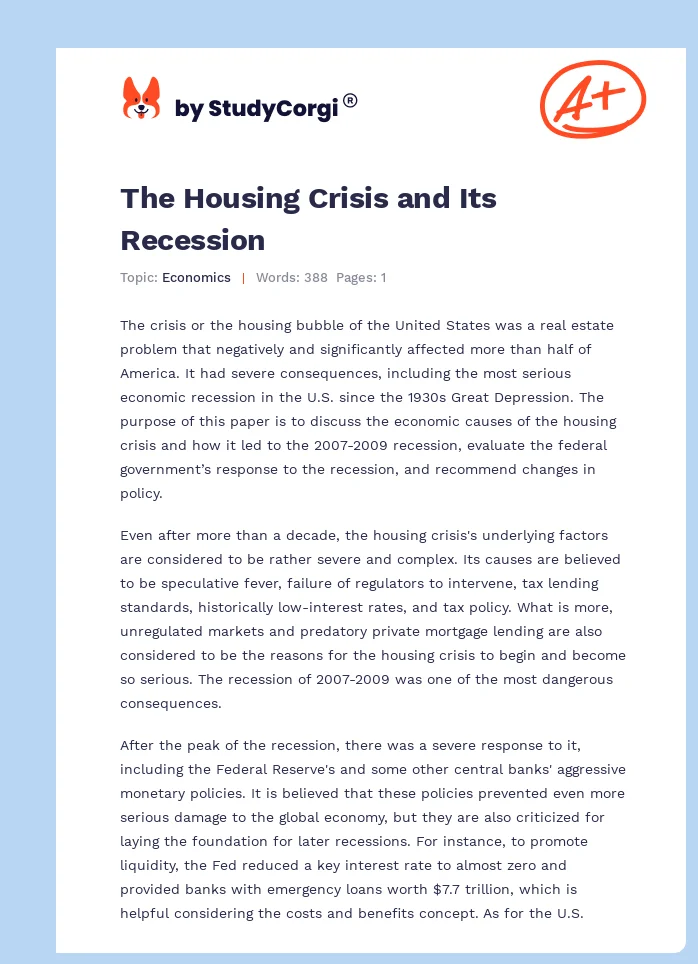 The Housing Crisis and Its Recession. Page 1