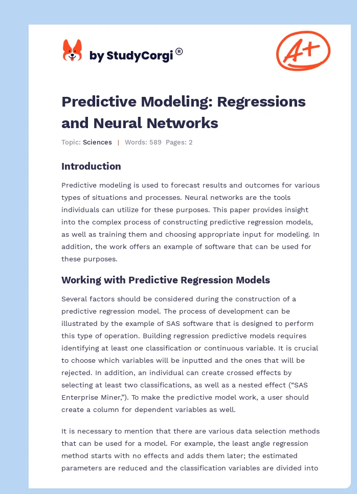Predictive Modeling: Regressions and Neural Networks. Page 1