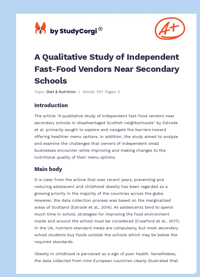 A Qualitative Study of Independent Fast-Food Vendors Near Secondary Schools. Page 1