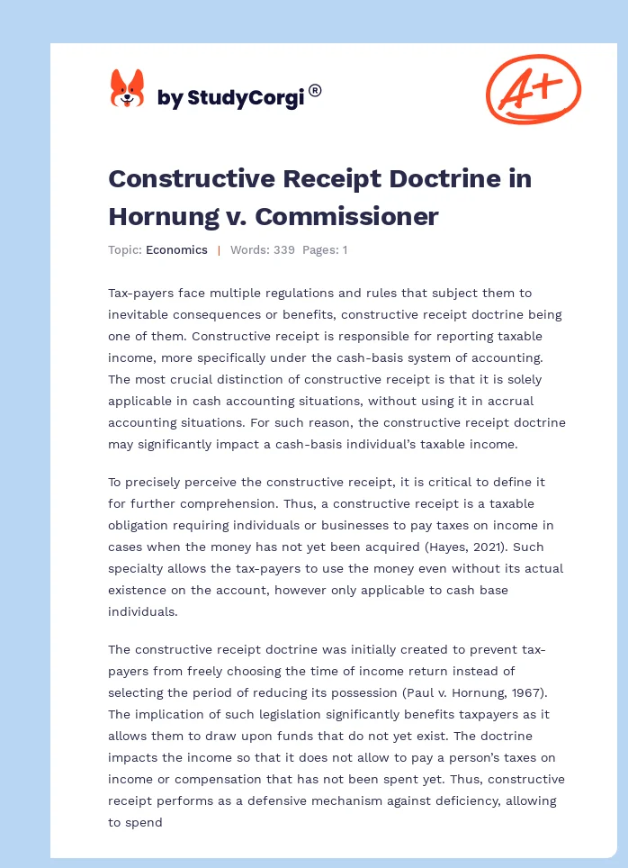 Constructive Receipt Doctrine in Hornung v. Commissioner. Page 1
