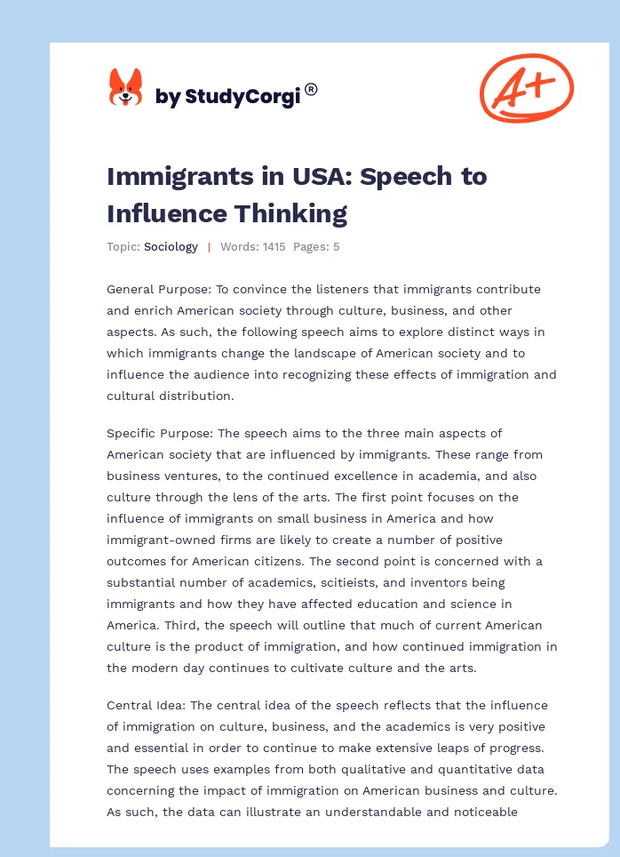 Immigrants in USA: Speech to Influence Thinking. Page 1