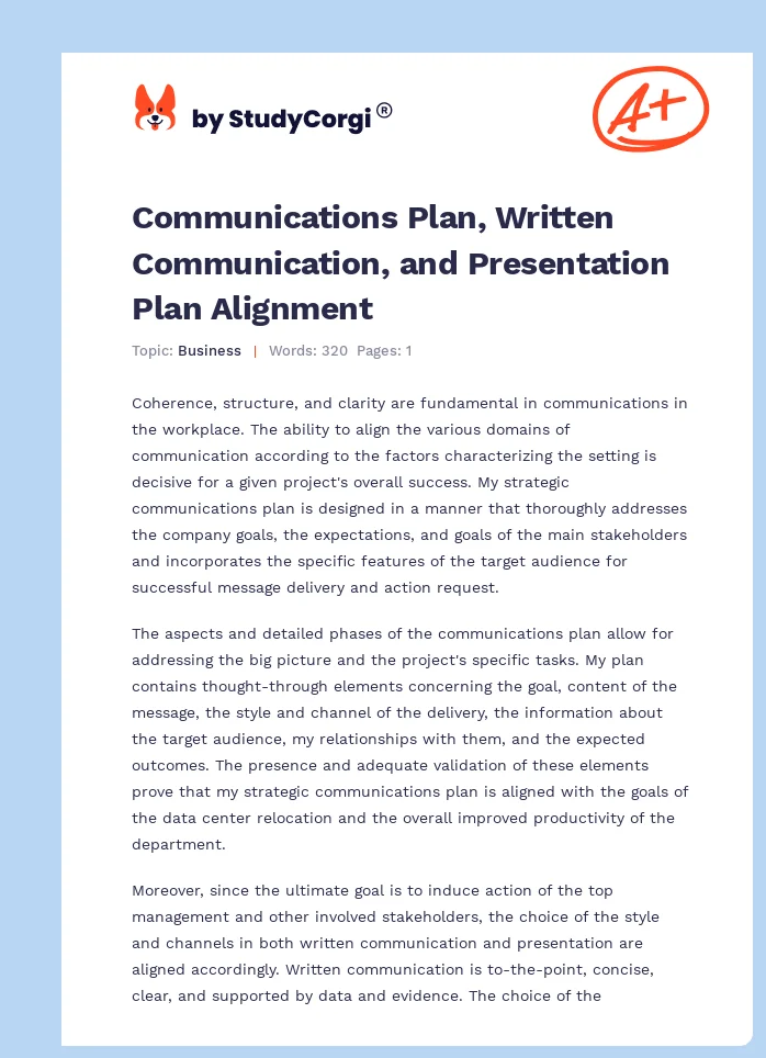 Communications Plan, Written Communication, and Presentation Plan Alignment. Page 1