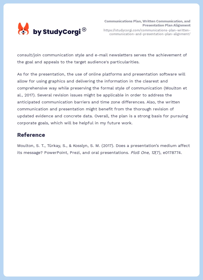 Communications Plan, Written Communication, and Presentation Plan Alignment. Page 2