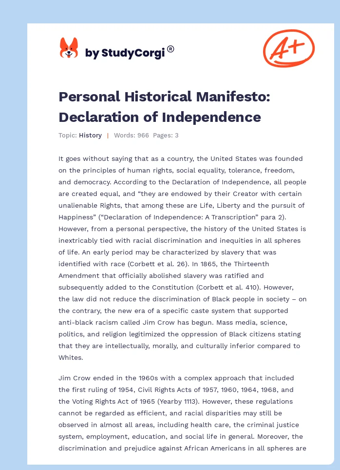 Personal Historical Manifesto: Declaration of Independence. Page 1