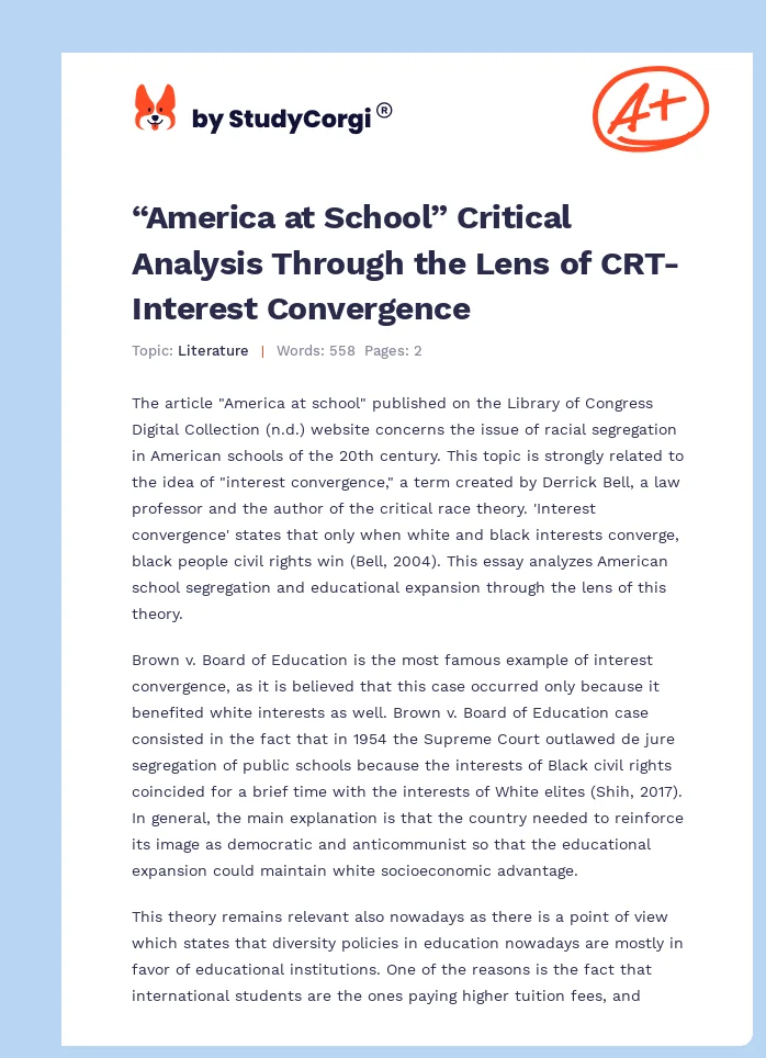 “America at School” Critical Analysis Through the Lens of CRT-Interest Convergence. Page 1