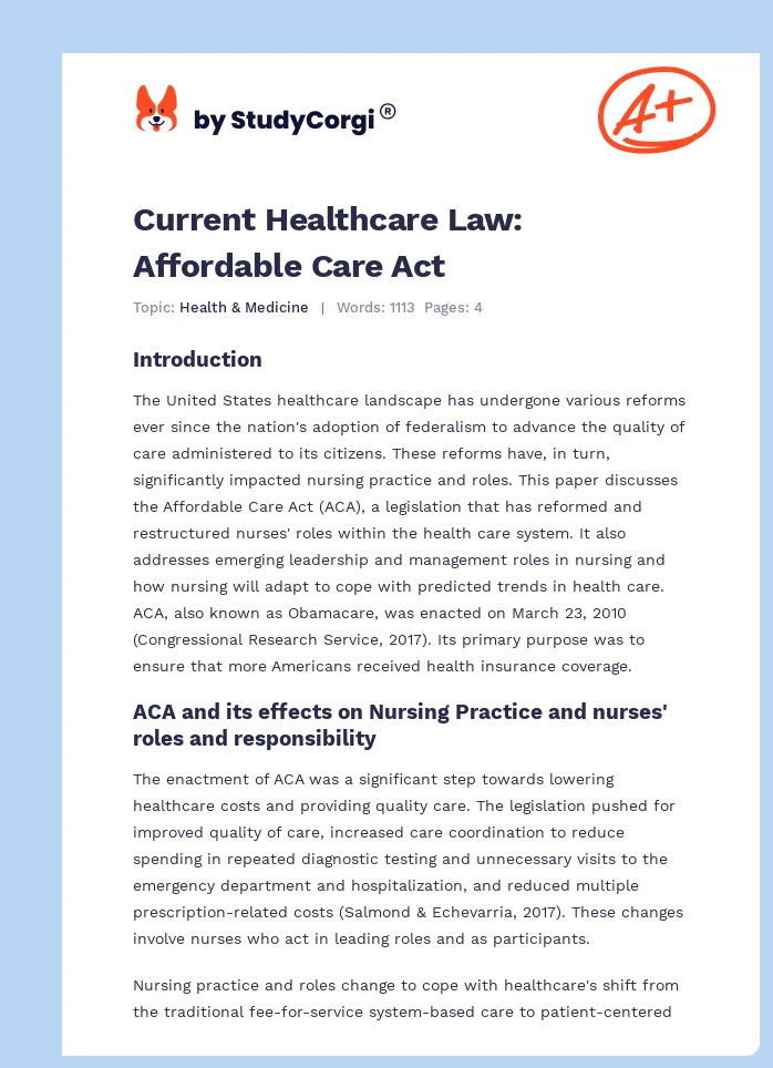 Current Healthcare Law: Affordable Care Act. Page 1