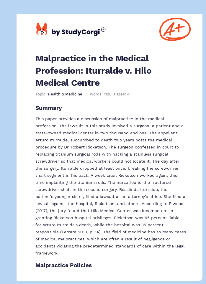 Malpractice in the Medical Profession: Iturralde v. Hilo Medical Centre. Page 1