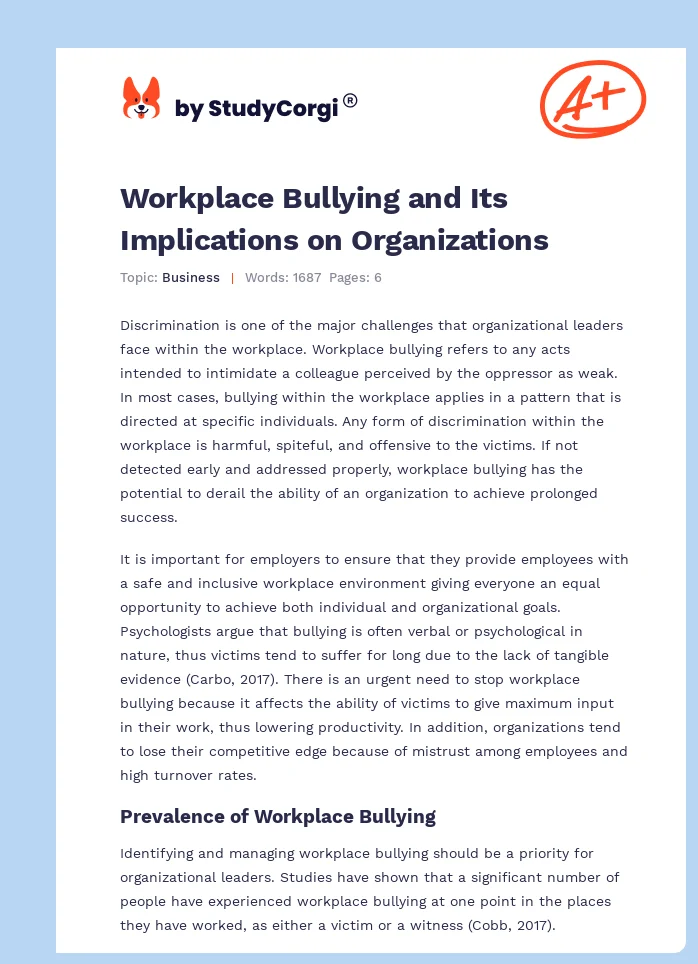 Workplace Bullying and Its Implications on Organizations. Page 1