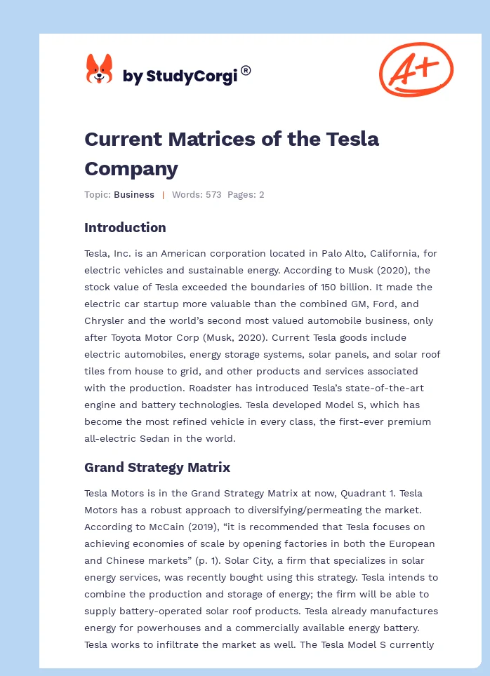 Current Matrices of the Tesla Company. Page 1