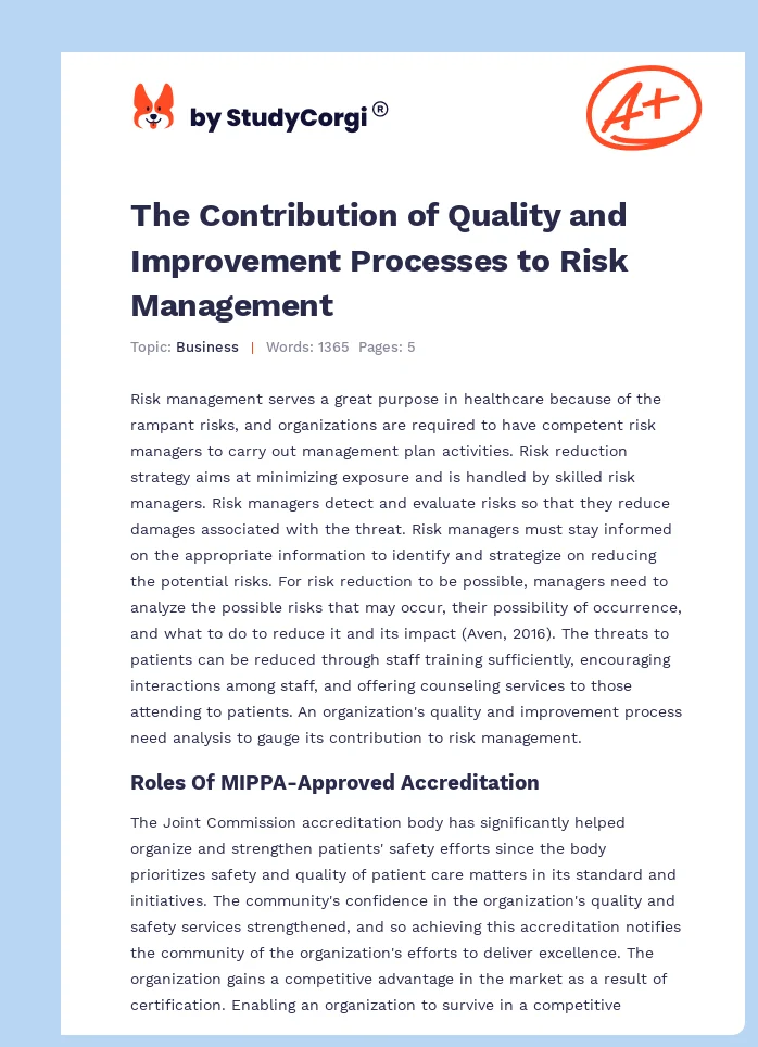 The Contribution of Quality and Improvement Processes to Risk Management. Page 1