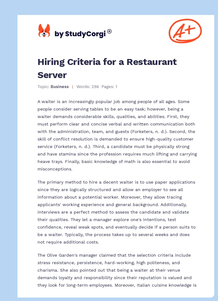 Hiring Criteria for a Restaurant Server. Page 1