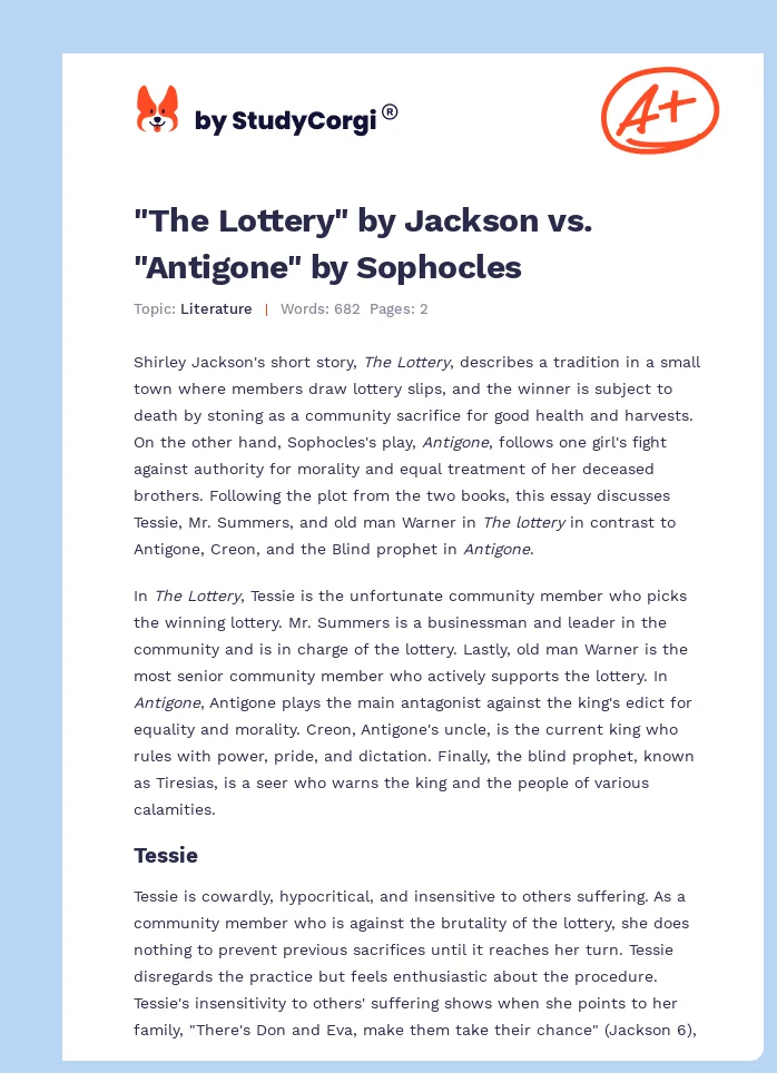 "The Lottery" by Jackson vs. "Antigone" by Sophocles. Page 1