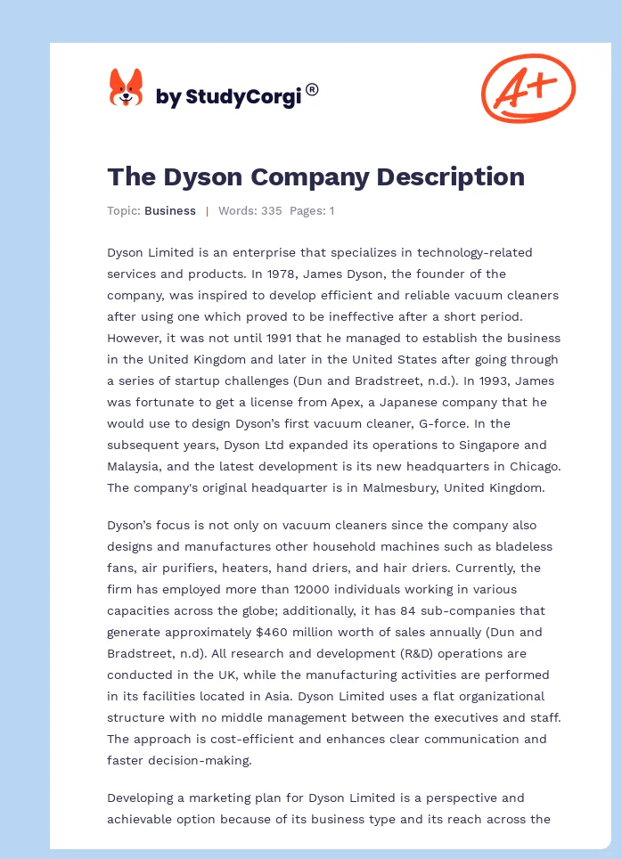 The Dyson Company Description. Page 1