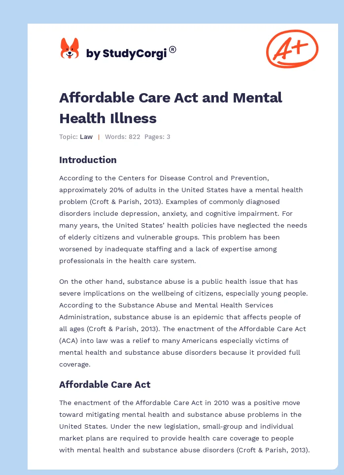 Affordable Care Act and Mental Health Illness. Page 1