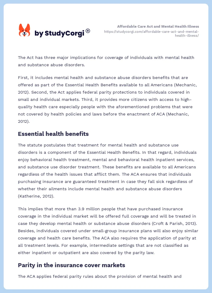Affordable Care Act and Mental Health Illness. Page 2