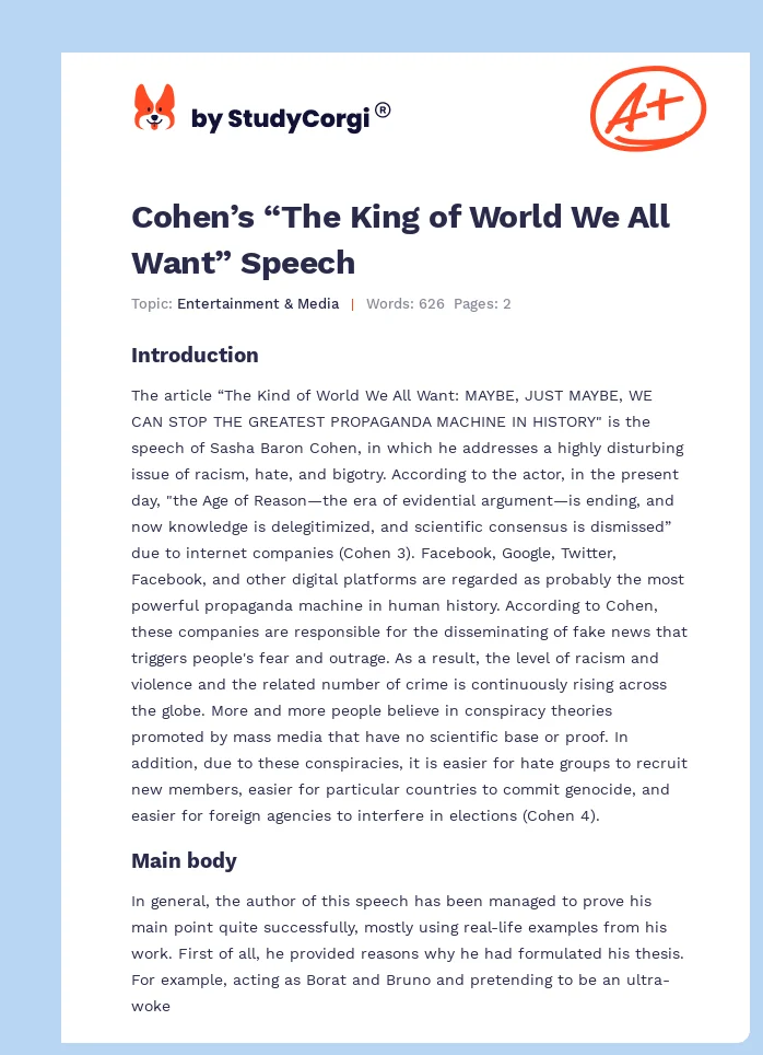 Cohen’s “The King of World We All Want” Speech. Page 1