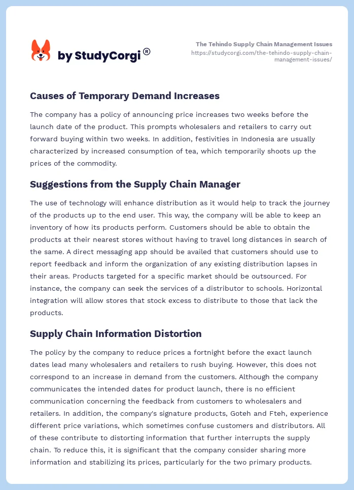 The Tehindo Supply Chain Management Issues. Page 2