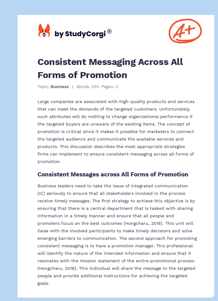 Consistent Messaging Across All Forms of Promotion. Page 1
