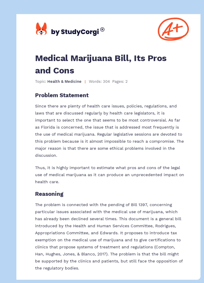 Medical Marijuana Bill, Its Pros and Cons. Page 1