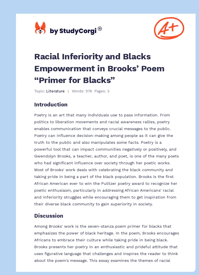 Racial Inferiority and Blacks Empowerment in Brooks’ Poem “Primer for Blacks”. Page 1