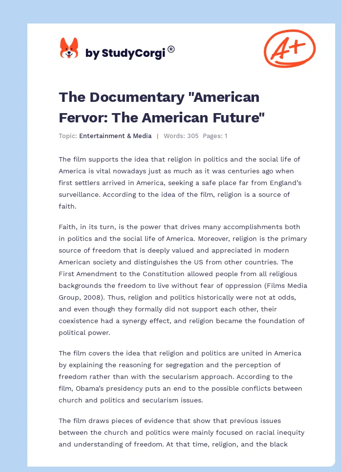 The Documentary "American Fervor: The American Future". Page 1