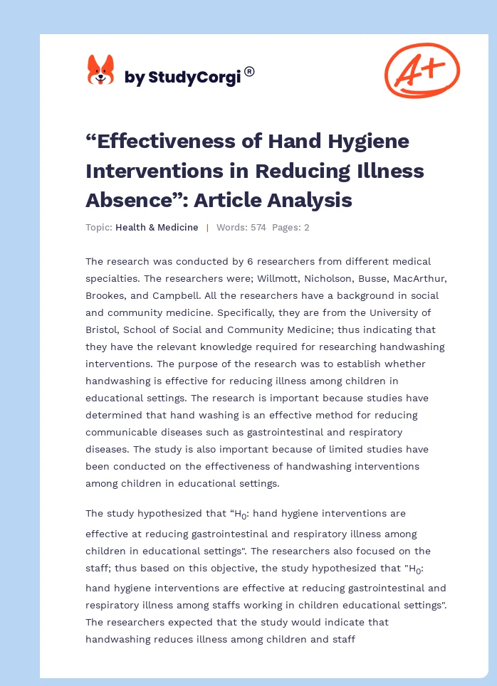 “Effectiveness of Hand Hygiene Interventions in Reducing Illness Absence”: Article Analysis. Page 1