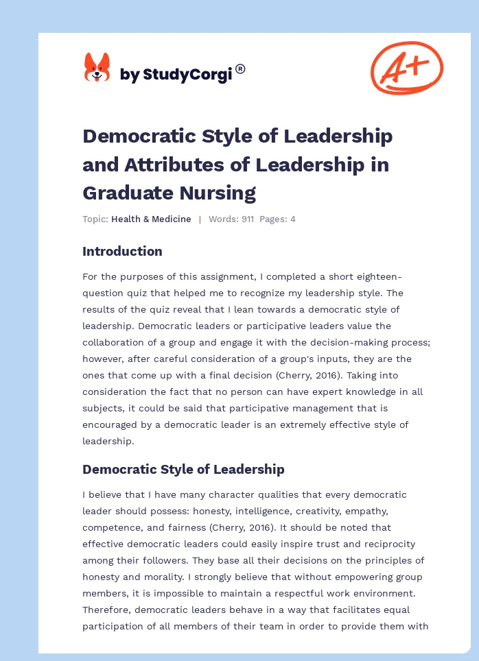 Democratic Style of Leadership and Attributes of Leadership in Graduate Nursing. Page 1