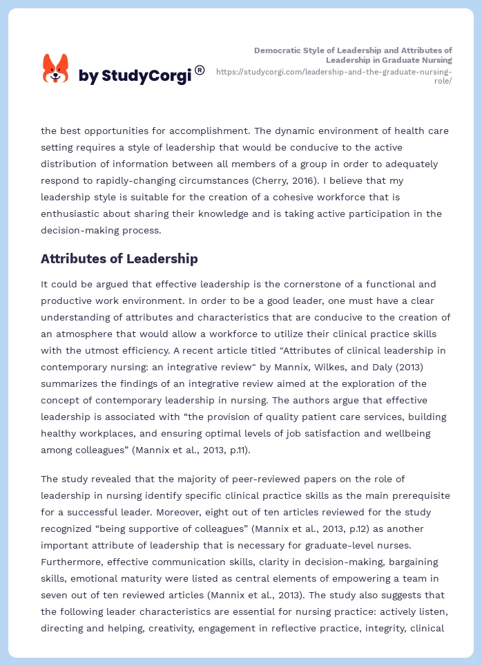 Democratic Style of Leadership and Attributes of Leadership in Graduate Nursing. Page 2
