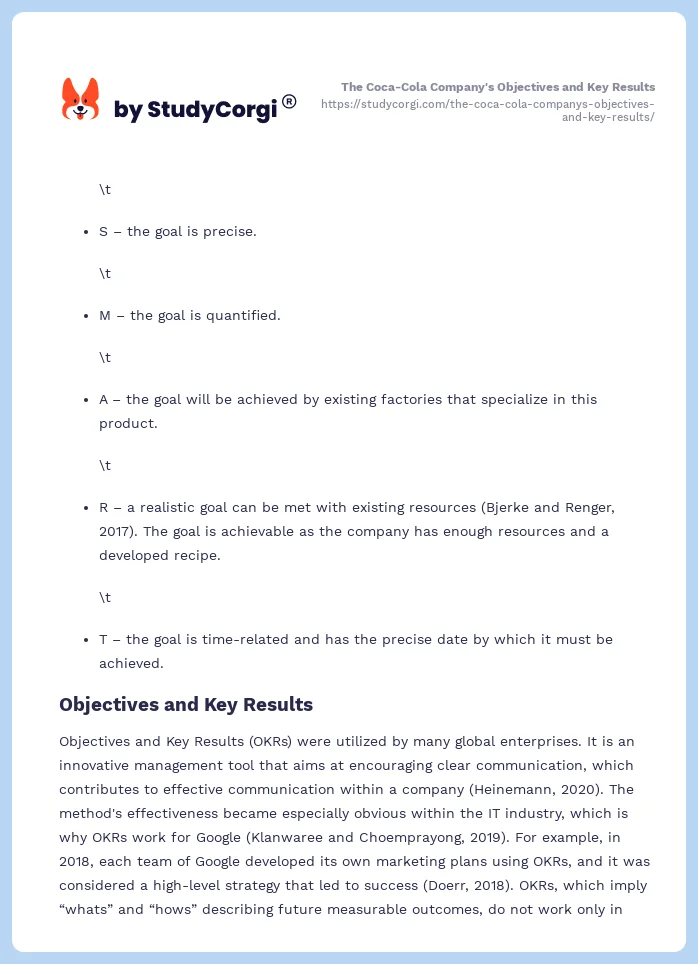 The Coca-Cola Company's Objectives and Key Results. Page 2