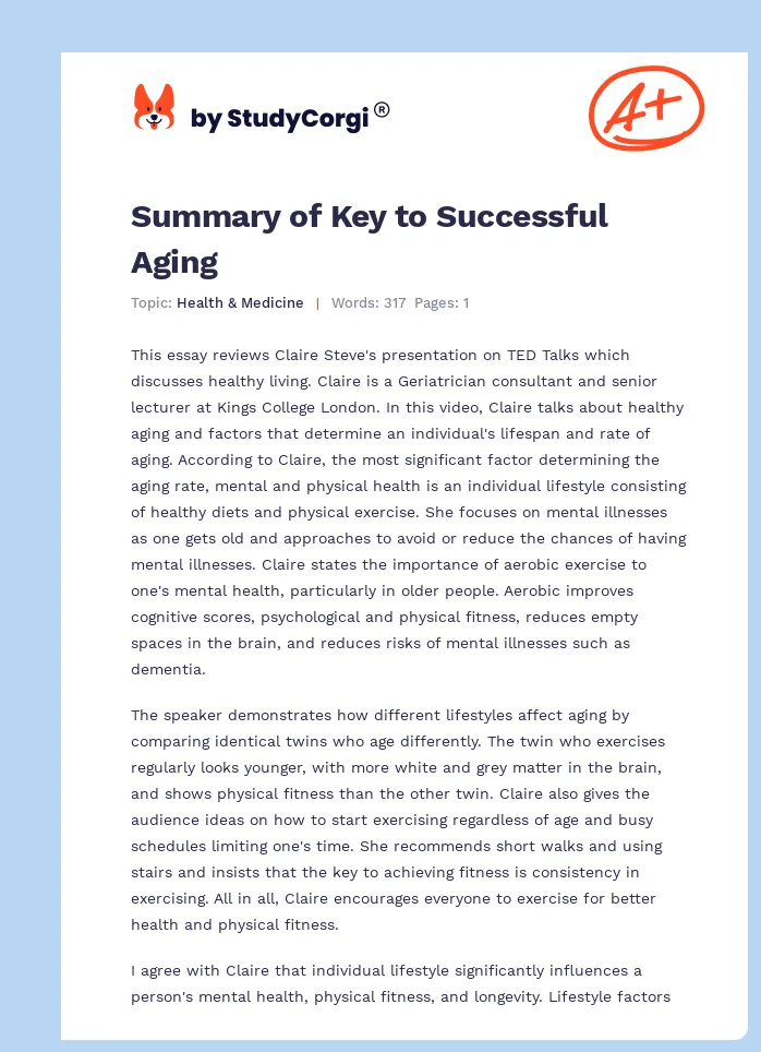 Summary of Key to Successful Aging. Page 1