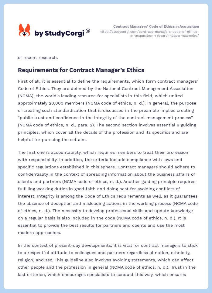 Contract Managers’ Code of Ethics in Acquisition. Page 2