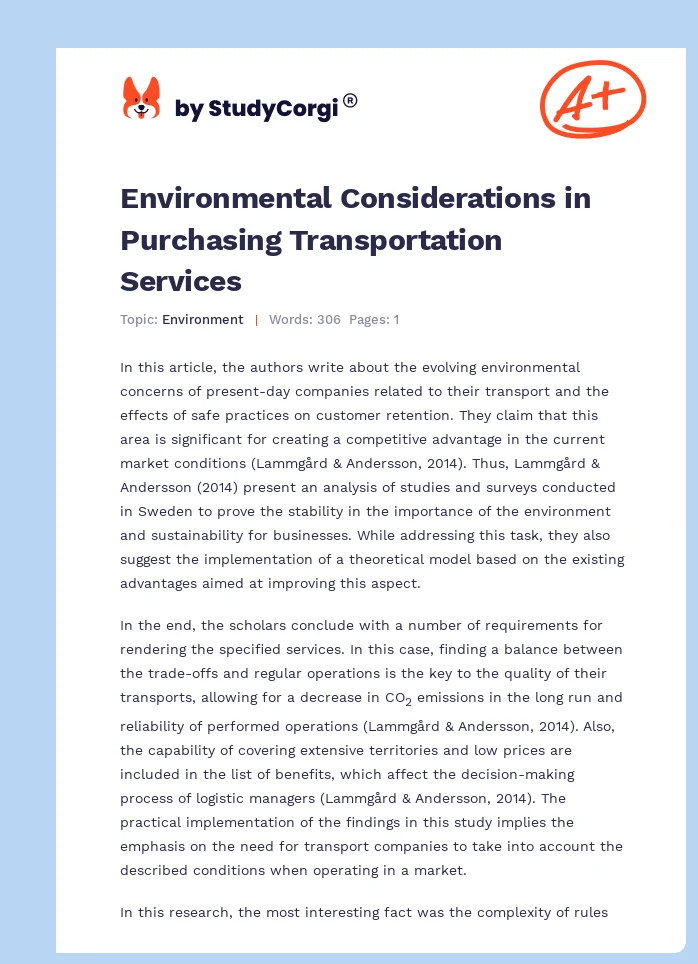 Environmental Considerations in Purchasing Transportation Services. Page 1