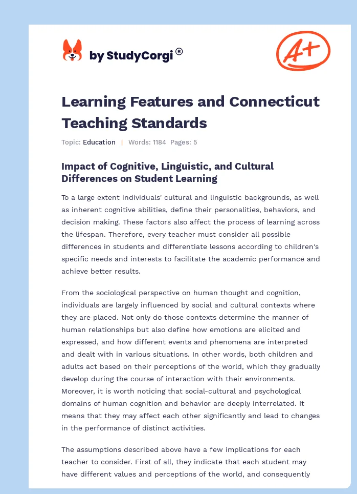 Learning Features and Connecticut Teaching Standards. Page 1