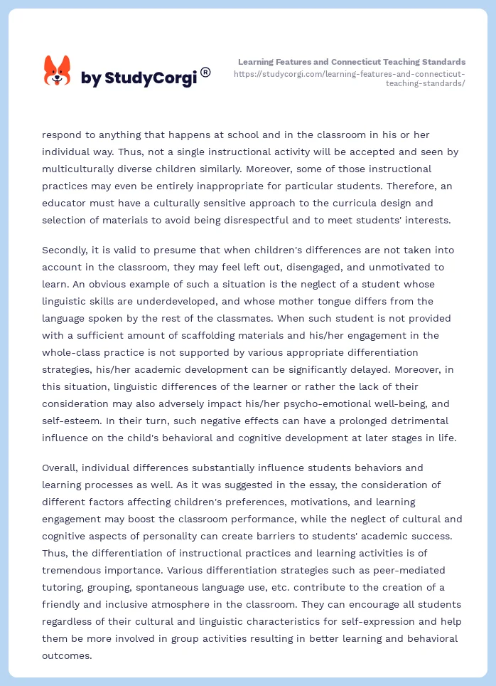 Learning Features and Connecticut Teaching Standards. Page 2