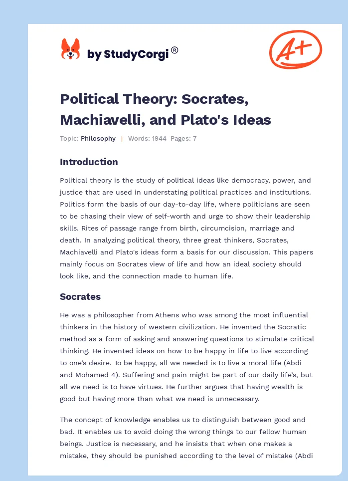 Political Theory: Socrates, Machiavelli, and Plato's Ideas. Page 1