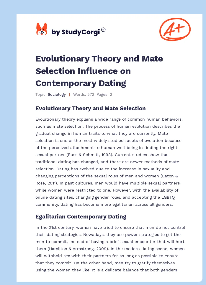 Evolutionary Theory and Mate Selection Influence on Contemporary Dating. Page 1