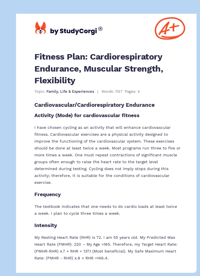 Fitness Plan: Cardiorespiratory Endurance, Muscular Strength, Flexibility. Page 1