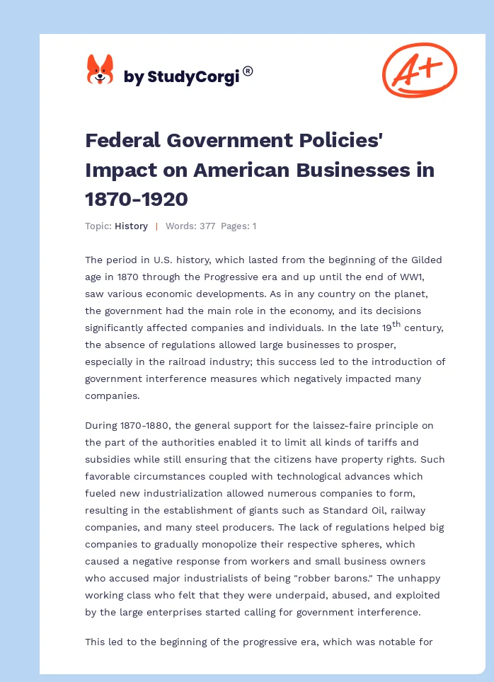 Federal Government Policies' Impact on American Businesses in 1870-1920. Page 1