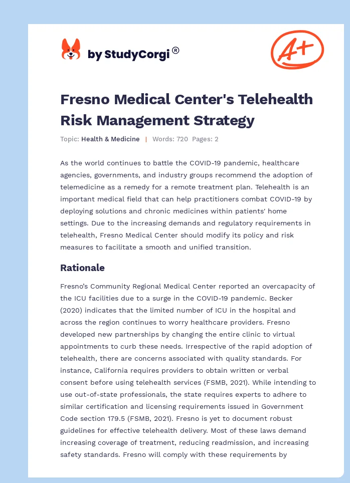 Fresno Medical Center's Telehealth Risk Management Strategy. Page 1