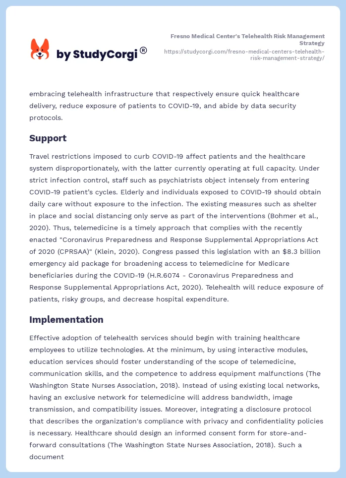 Fresno Medical Center's Telehealth Risk Management Strategy. Page 2