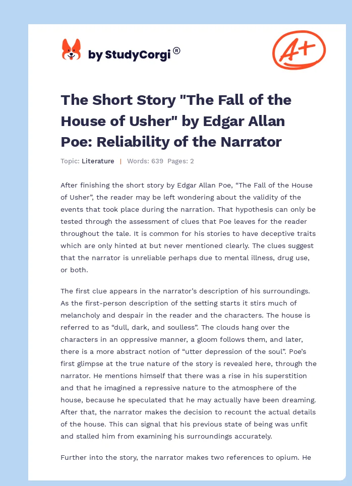 The Short Story "The Fall of the House of Usher" by Edgar Allan Poe: Reliability of the Narrator. Page 1